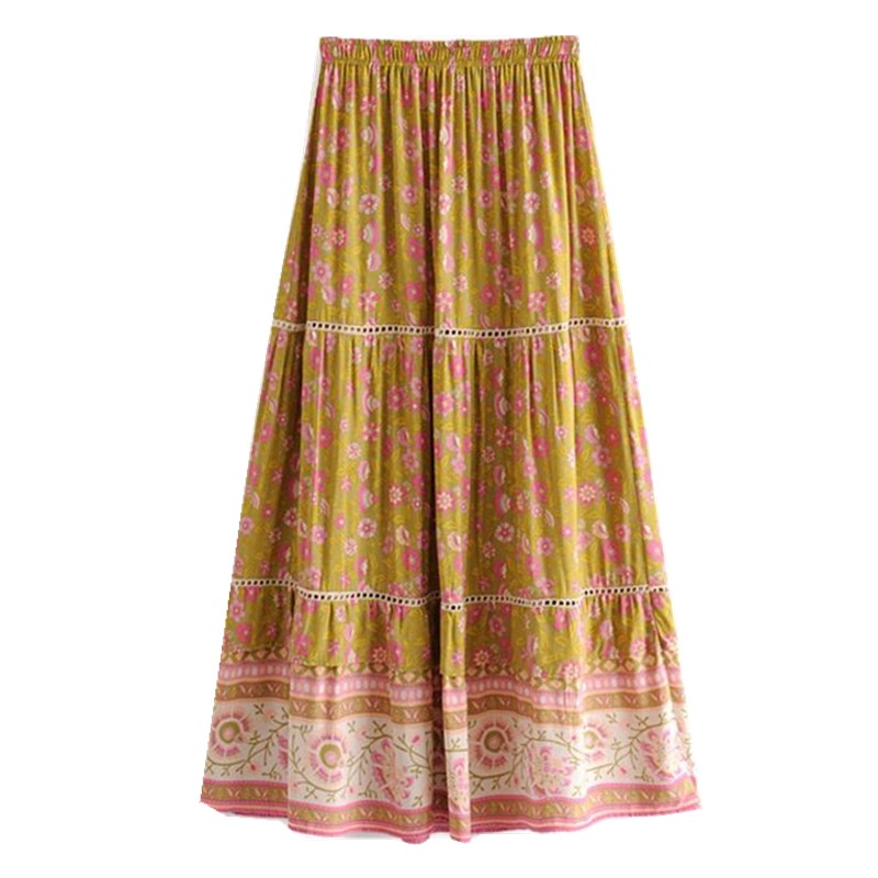 Bohemian Yellow Floral Print Long Skirt BOHO Holiday Women Stitching Hole Lace Ruffles Lacing up Stream Waist Maxi Long Skirts, Red 
Bohemian Yellow Floral Print Long Skirt BOHO Holiday Women Stitching Hole Lace Ruffles Lacing up Stream Waist Maxi Long Skirts, Red