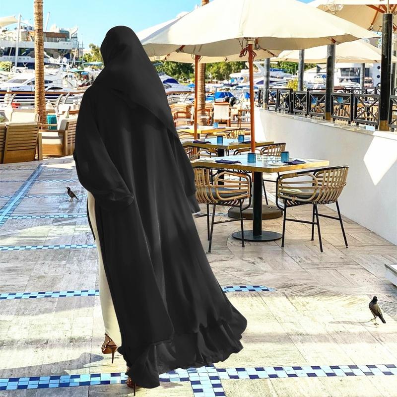 Ethnic Clothing Muslim Long Sleeve wy Maxi Cardigan Islamic Open Front Kimono Abaya Robe Turkey Kaftan Solid Color Belted Loose Dress