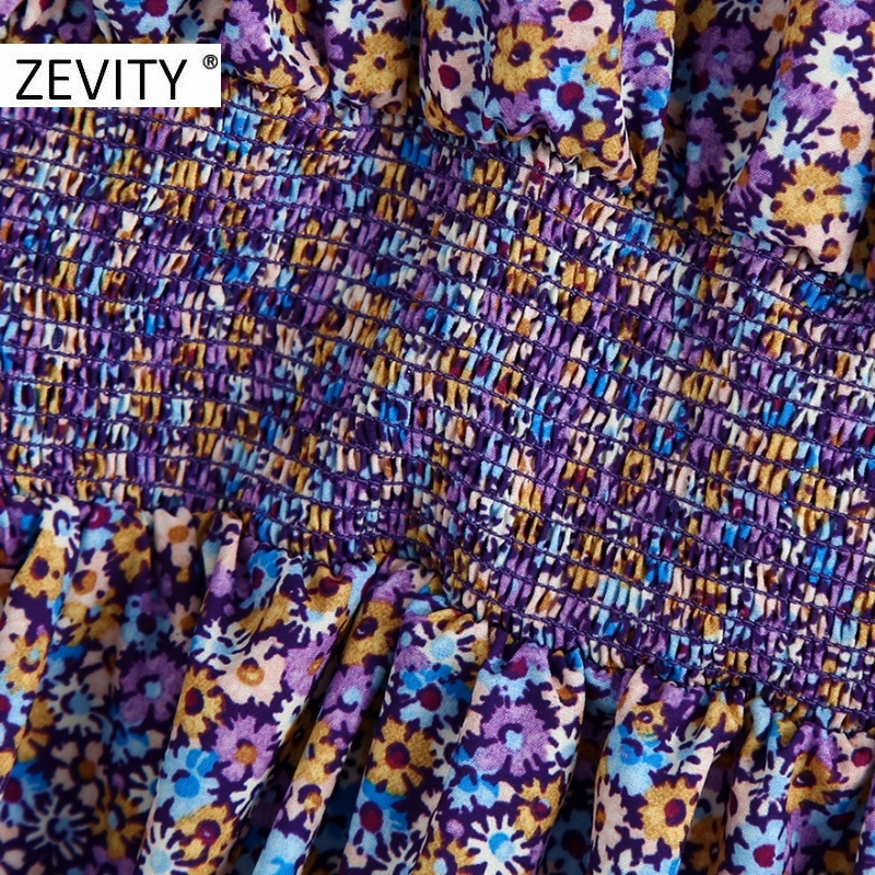 ZEVIT New Women Vintage Pleats Puff Sleeve Floral Print elastic waist mini dress Ladies Deep V Neck padded casual Dresses DS4249 210309