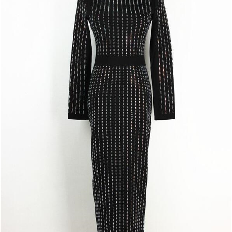S-3XL Excellent Quality Barocco Runway Long Sleeve Autumn Women Sexy Rhinestone Diamond Embellished Bodycon Long Dress T200319