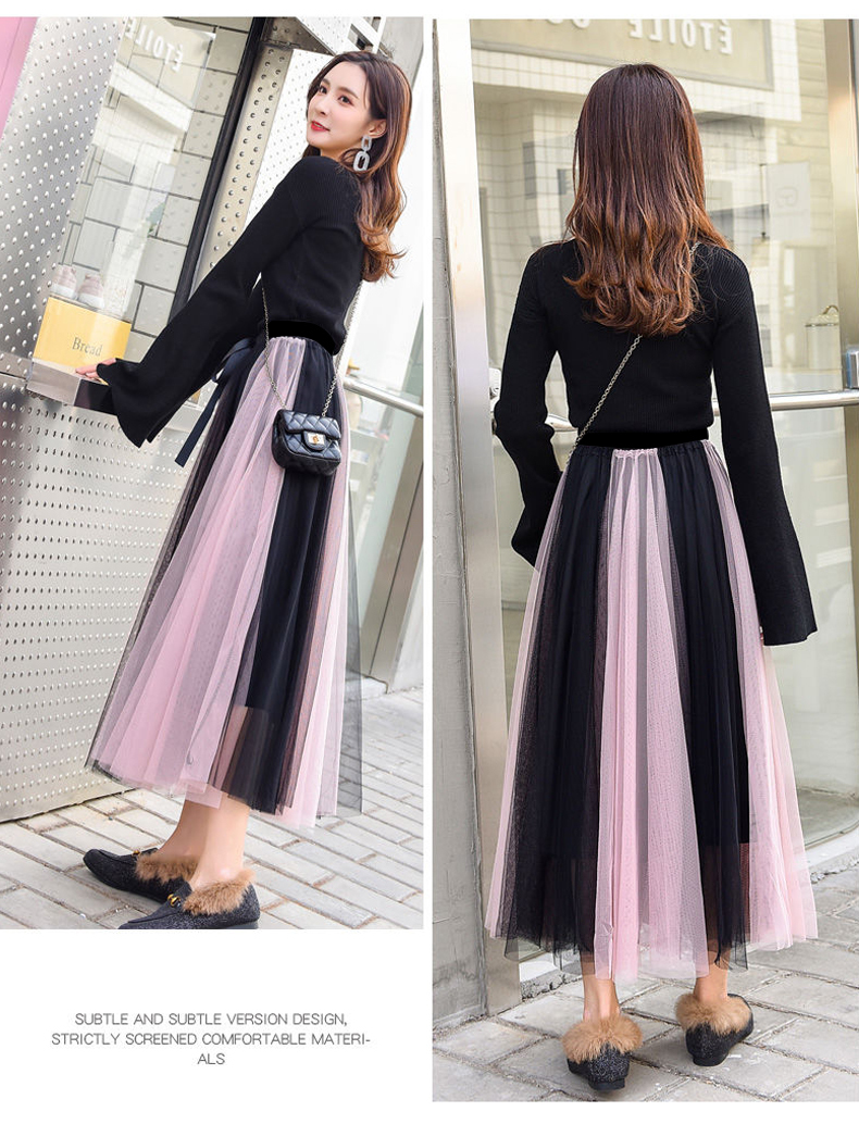 New Autumn Winter Vintage Tulle Skirt Women Elastic High Waist Mesh Skirts Long Pleated Tulle Skirts Party Mesh A-Line Skirt 210309