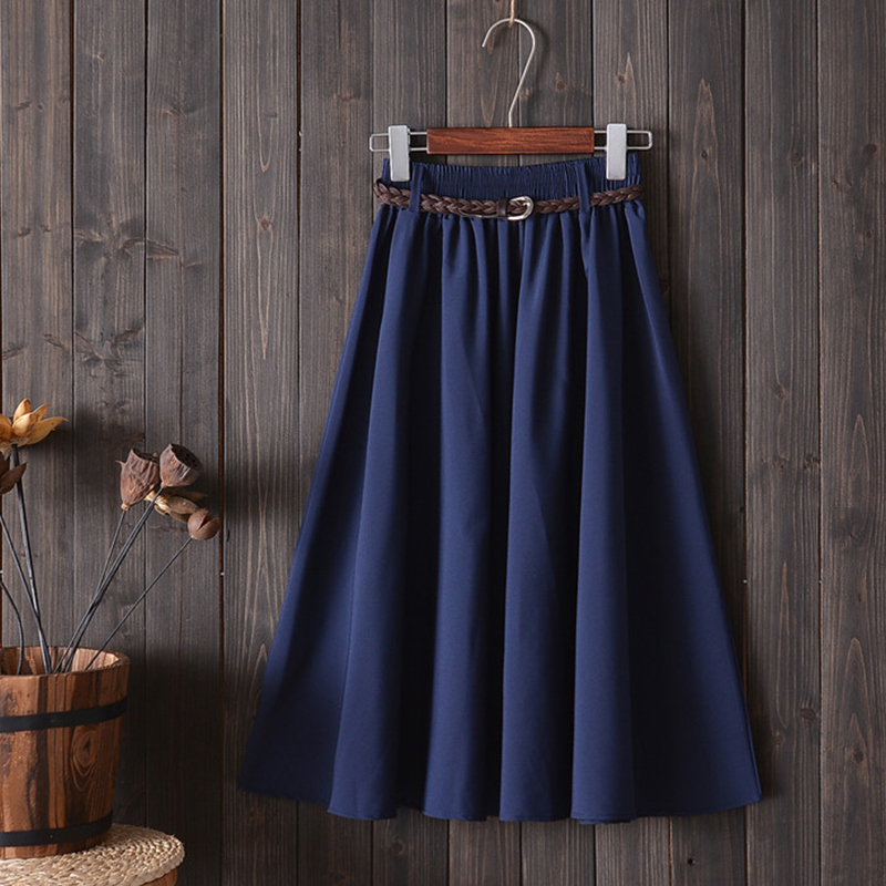 Surmiitro Knee Length Midi Summer Skirt Women With Belt Korean Ladies Blue Black Red High Waist Pleated School Skirt Female 210306
