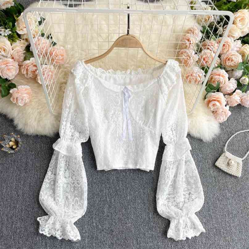 Spring Summer Sweet Ladies Shirt Solid Bow O-neck Long Lantern Sleeve Lace Top Slim Fit Cropped Tops Blouse for Women 210603, White
Spring Summer Sweet Ladies Shirt Solid Bow O-neck Long Lantern Sleeve Lace Top Slim Fit Cropped Tops Blouse for Women 210603, White