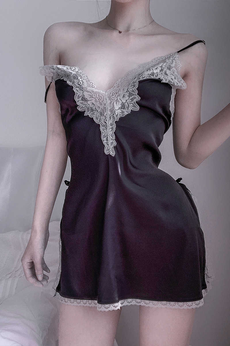 WOMENGAGA Sexy Female Spring Summer Side Slits V Neck Backless Temptation Lace Tank Tops Nightdress Mini Dress M8T 210603