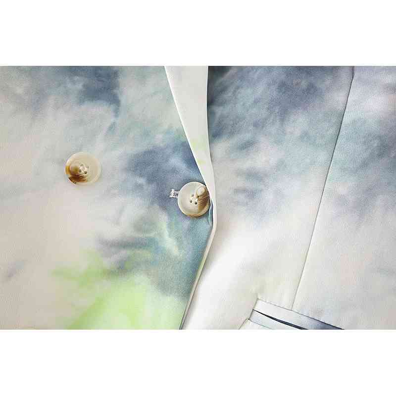 elegant women tie-dye blazer office ladies grey print jackets casual female double breasted suits chic sets 210527