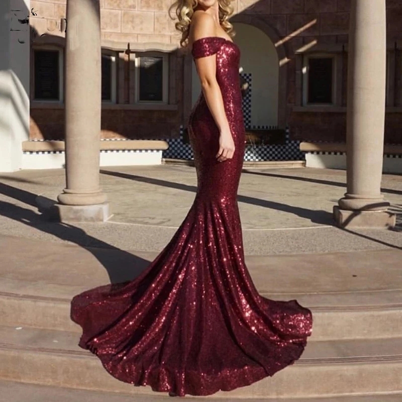 Glitter Off Shoulder Mermaid Formal Evening Dresses Burgundy Long Party Vestidos De Fiesta Bling Bling Sequined Prom Dress For Women Girls