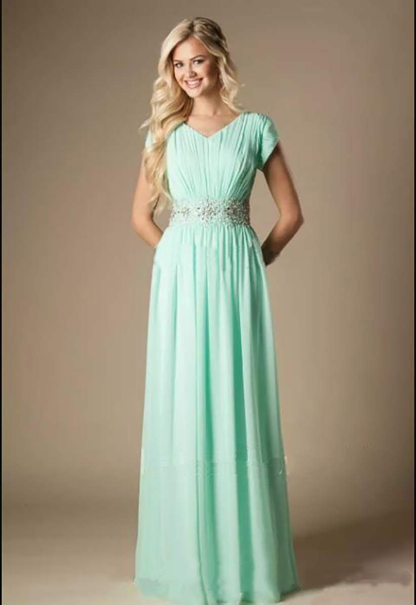 2021 Beach long Dresses mint green A Line Jewel Cap Sleeve Floor Length junior Bridesmaid Gowns With Chiffon Beaded Sash 0509