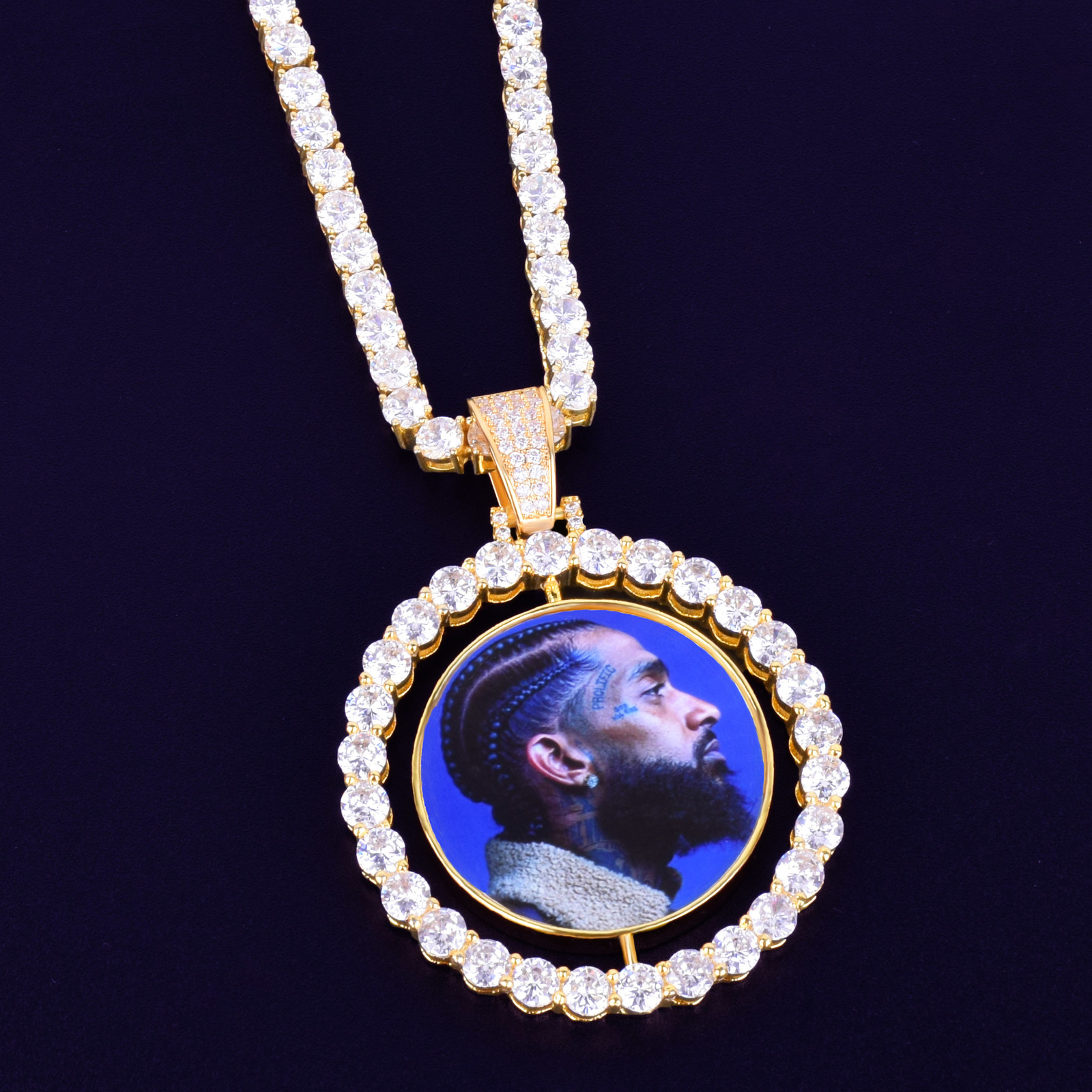 Custom Made Photo Rotating double-sided Medallions Pendant Necklace 4mm Tennis Chain Zircon Men's Hip hop Jewelry 2x1.65 inch V191128