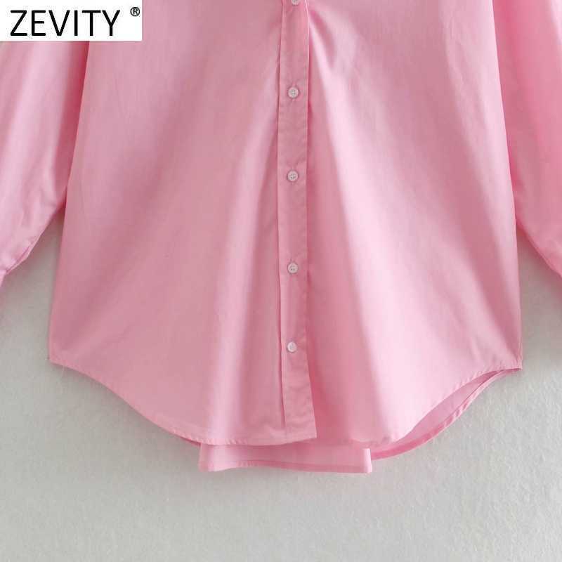 Zevity Women Simply Single Breasted Poplin Pink Shirt Office Lady Long Sleeve Business Blouse Roupas Chic Blusas Tops LS9288 210603