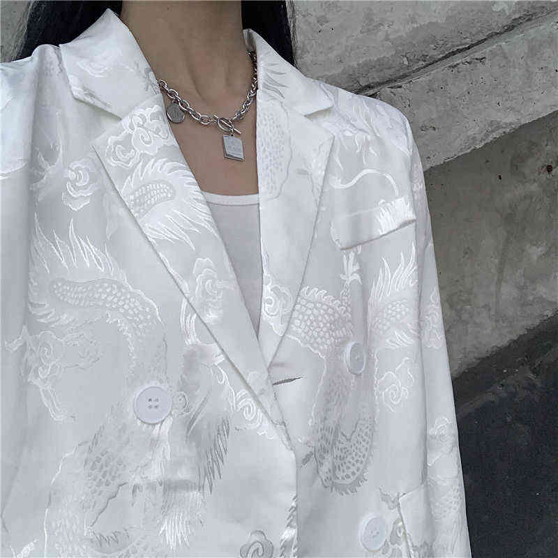 Gothic Vintage Women Jacket Long Sleeve Retro Silky Satin Blazer For Female Fashion Chinese Dragon Print White Outwears 211122