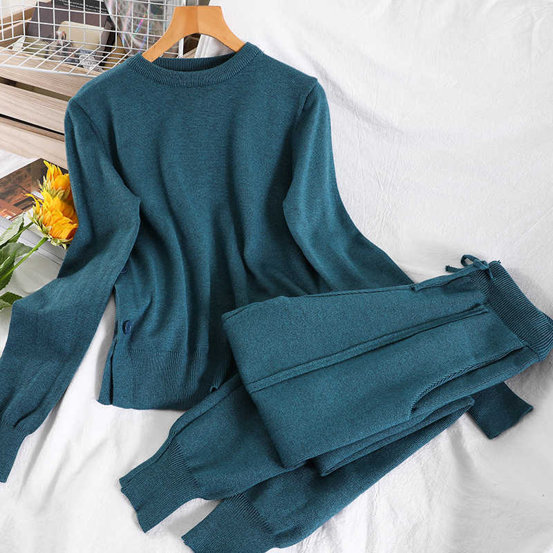 DEAT Spring Autumn Women Fashion Round Neck Long Sleeve Loose Top Harun Pants Casual Knitted Two Piece Set RD839 210709