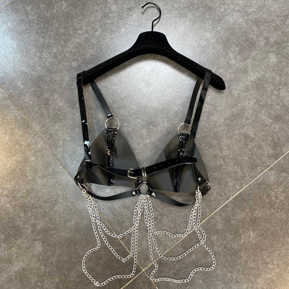 Women's Short Corset Top Spaghetti Strap Black Pu Leather Crop Chain Halter PU Sexy Tank 210525