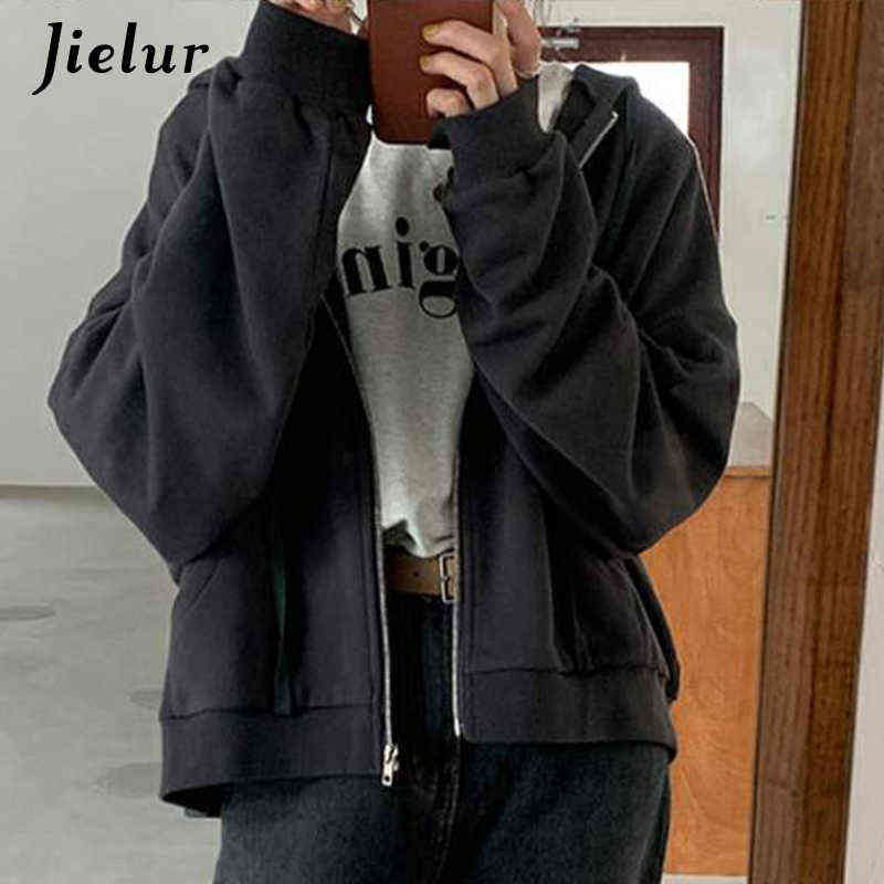 Jielur Chic Zipper Female Sweatshirt Hooded Pullovers Soild Color Hoodies Autumn Loose Harajuku Women Tracksuit White M-2Xl 211109