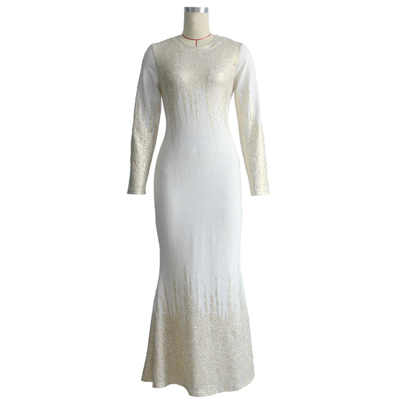 Autumn Winter Dress Women Elegant Gold Foil Slim Long Dress Fashion Bronzing Foam Long Sleeve ONeck Dresses Female High Quality 201008