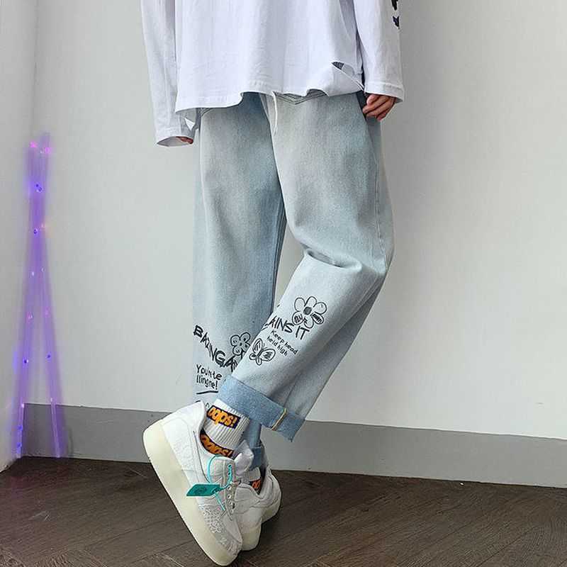 Preppy style jeans men women loose Korean trend multipurpose summer straight pants high street unisex cropped wide-leg trousers 210526