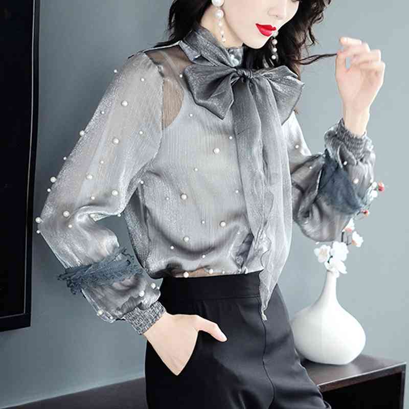 2 Pieces Plus Size Tie Front Top Ruffle Chiffon Blouse Pearl Office Long Sleeve See Through Shirts Women Blusas De Mujer 210603, Gray
2 Pieces Plus Size Tie Front Top Ruffle Chiffon Blouse Pearl Office Long Sleeve See Through Shirts Women Blusas De Mujer 210603, Gray
