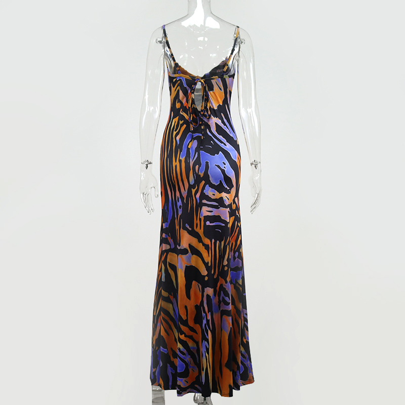 Colysmo Print Maxi Dress Women Sexy Low Cut Cowl Neck Back Lace Up Sexy Dresses Seaside Party Club Wear Long Dress New 210309