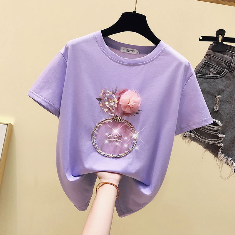 Summer Pink T shirt Women Tops Kawaii White Tshirt Women Korean Clothes Short Sleeve Casual Purple Sequins Diamond Tee shirt T200614