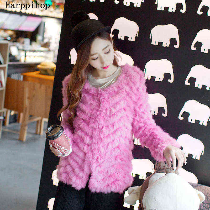 Real Fur Knitted Rabbit Fur coat jacket Fashion stripe sweater Lady Natural Fur Wedding Party Wholesale 211123