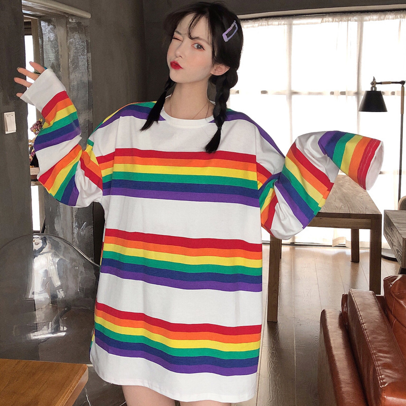 Tee Shirt Woman SAutumn Tops Korean Ulzzang Harajuku Rainbow Striped Tshirt For Women Long Sleeve Tshirt Female Casual Clothing T200614