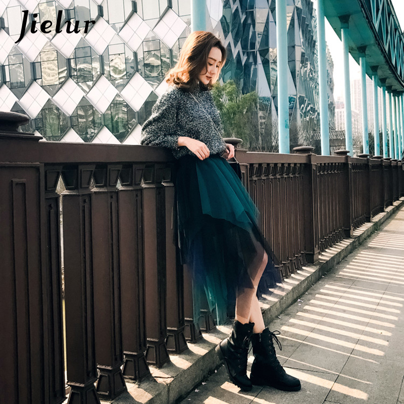 Jielur Tulle Skirt Spell Color Elastic High Waist Skirts Womens Dance Tutu Skirts Irregular Skirt Lolita Petticoat Midi Rokken 210309