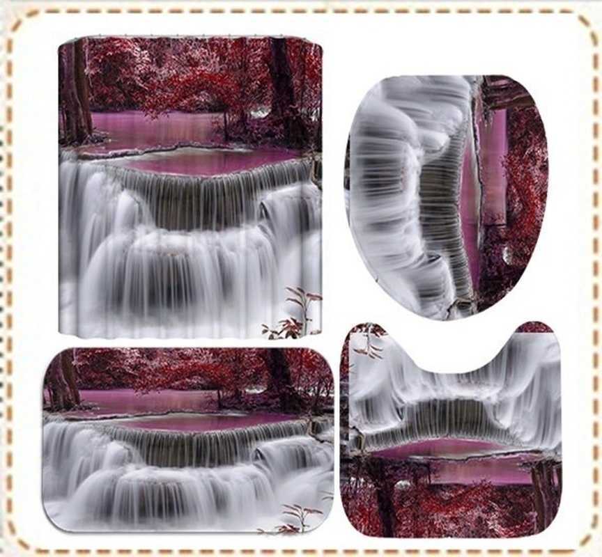 Forest Waterfall Shower Curtain Set with Rugs Bath Mat Toilet Cover Ru Bathroom Curtain Shower Curtain Curtains 210609