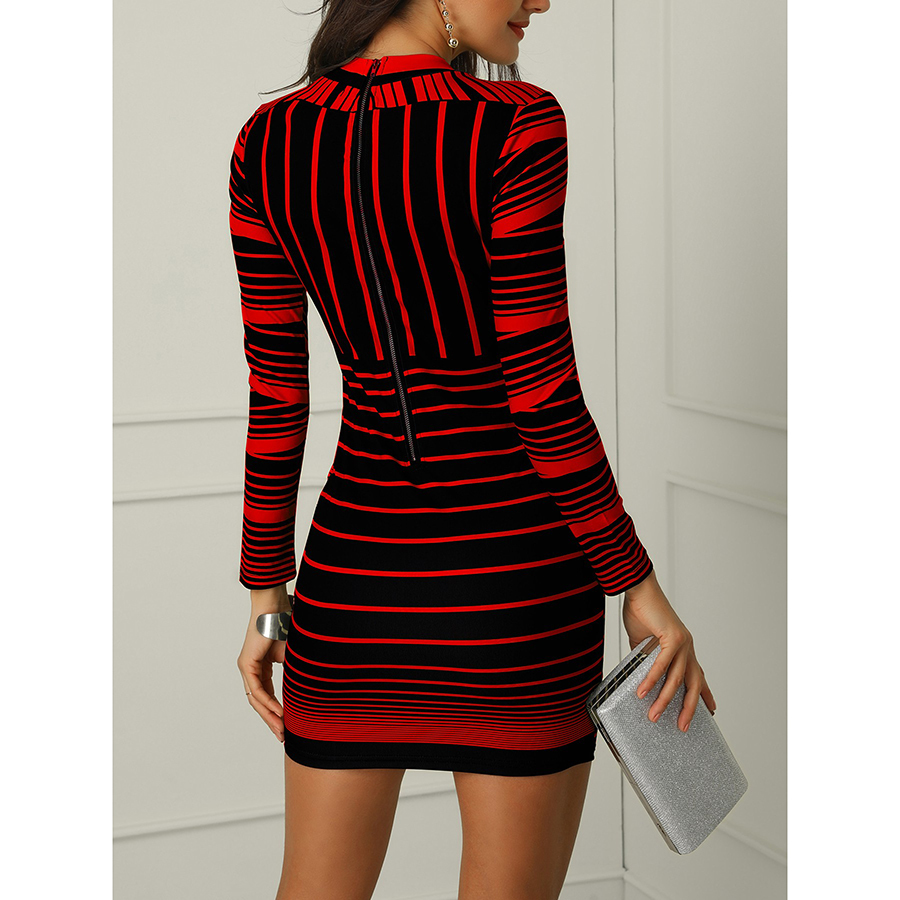 Autumn and winter new women's longsleeved red striped print sexy bag hip tight dress elegant fashion ladies round neck slim dre 201008