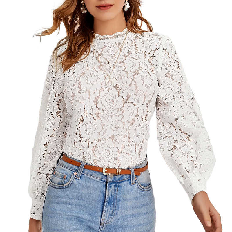 Elegant Women Blouse Casual O-Neck Long Sleeve Lace Hollow Out Spring Autumn Office Lady Blouses W268 210526