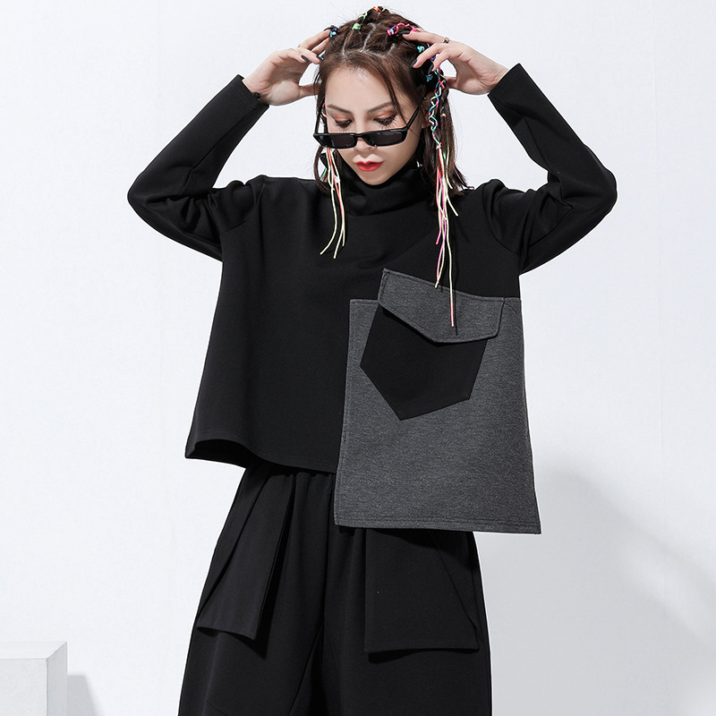 [EAM] Loose Fit Pocket Split Joint Sweatshirt New Turtleneck Long Sleeve Women Big Size Fashion Tide Spring Autumn LJ201130