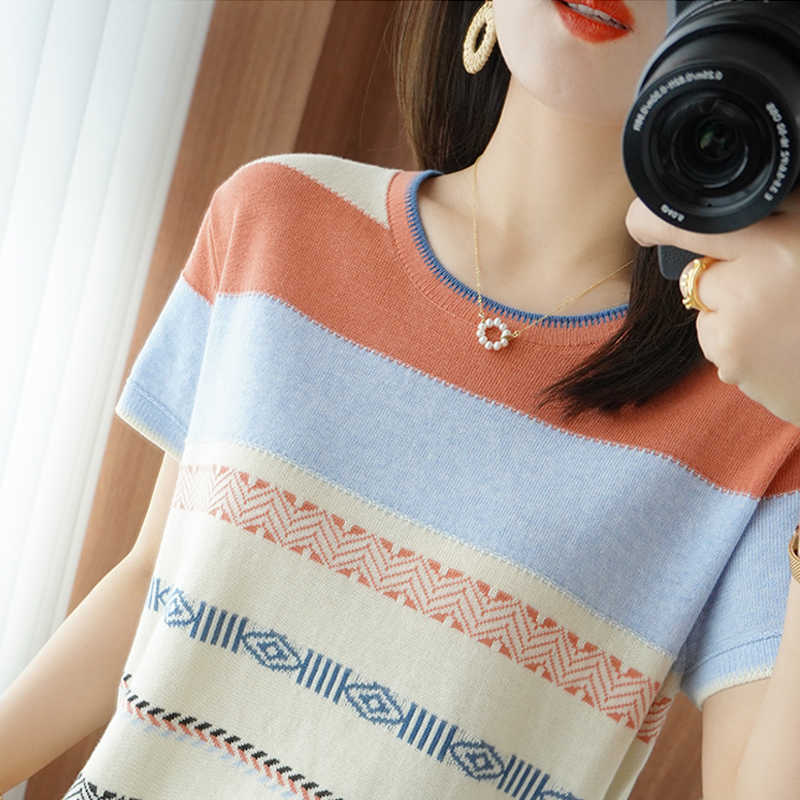 Short Sleeve Women Pullover Ladies Summer The Ice Silk O-Neck Striped Knitted Tshirts Feminine Sexy Fashion Sweaters 210918