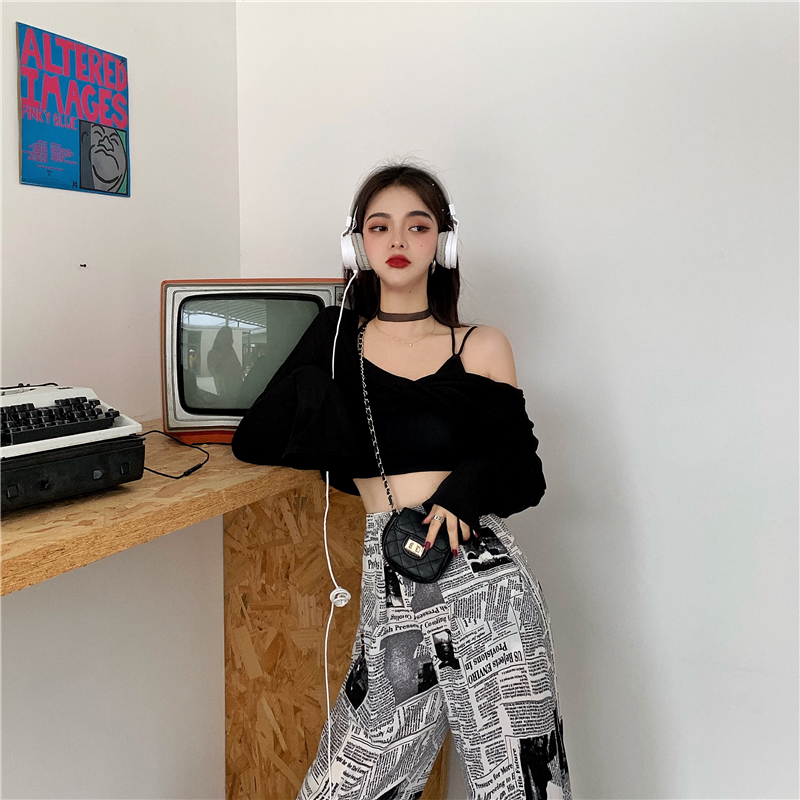 Woherb Vintage Newspaper Print High Waist Wide Leg Pants Women Korean Chic Streetwear Loose Long Trousers Pants Mujer 201012