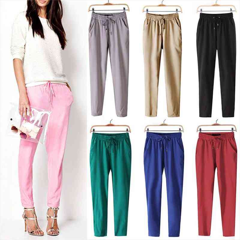 Casual Women Chiffon Pants Elastic Waist Solid Color Office Ol Pants Bright Color Summer Slim Lady, Black;white 
Casual Women Chiffon Pants Elastic Waist Solid Color Office Ol Pants Bright Color Summer Slim Lady, Black;white