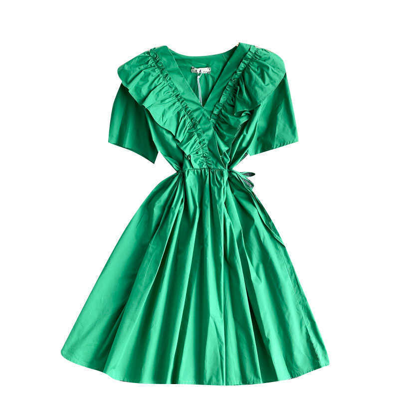 DEAT Women Ruffles 11D1300 Dress V- Neck Short Sleeve Arrivals Lady Temperament Fashion Spring Summer 11D1300 210709