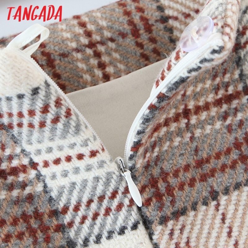 Tangada Autumn Winter Women Plaid Pattern Tweed Skirts Faldas Mujer Zipper Female Mini Skirt 8H14 210309
