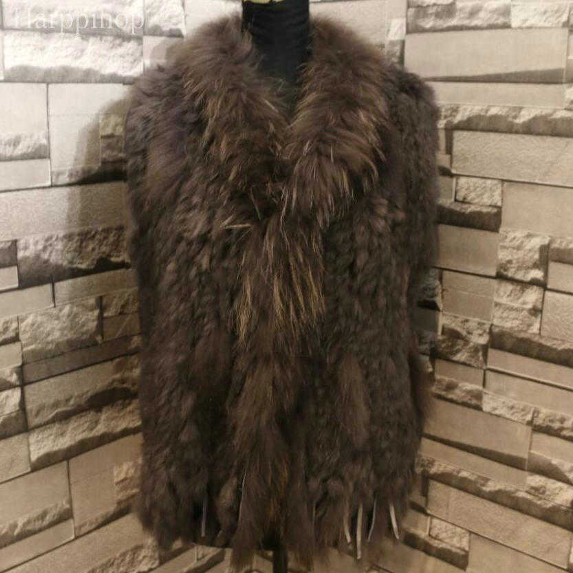Real ladies Genuine Knitted Rabbit Fur Vest With Raccoon Trimming Waistcoat Winter Jacket harppihop fur 210915
