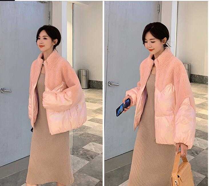 Fashion Winter lambswool Patchwork jacket women Fur splice Cotton padded coat Thcik Warm short cotton coats female Overcoat 211013