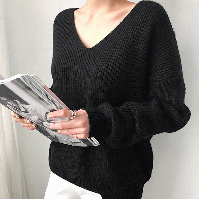 Aachoae Womens Sweaters Autumn Winter Casual V Neck Women Pullover Sweater Solid Long Sleeve Loose Knitted Cashmere Top 210914