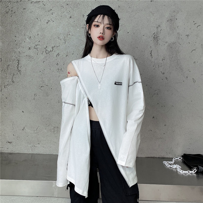 2021 New Autumn Harajuku Off Shoulder Top Women Long Sleeve Gothic Style t Shirt Zipper Split Tee White Mid-length Tshirts Wtmf, Black
2021 New Autumn Harajuku Off Shoulder Top Women Long Sleeve Gothic Style t Shirt Zipper Split Tee White Mid-length Tshirts Wtmf, Black