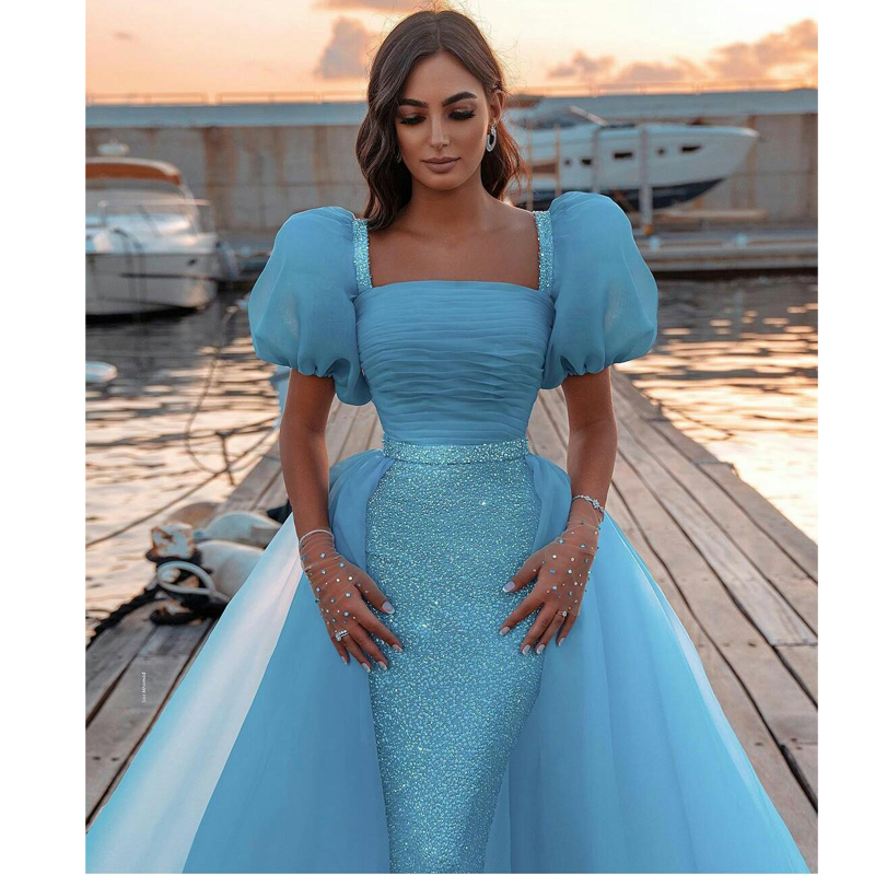 Puff Sleeves Mermaid Prom Dresses With Detachable Skirt 2024 Sparkly Light Sequined Evening Formal Gowns Open Back Charming or Length Special Dress