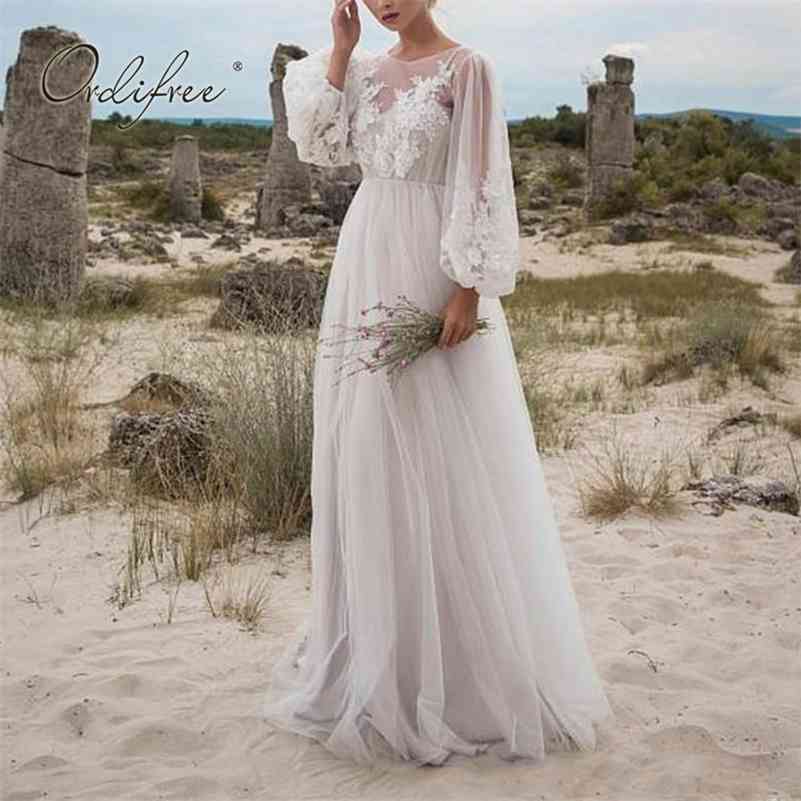 Ordifree Summer Women Long Tulle Dress Long Sleeve Embroidery White Maxi Tunic Beach Dress 210630