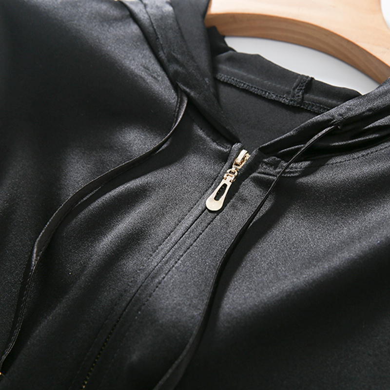 SuyaDream Women Silk Hoodies 92.1%Silk 7.9%Spandex Solid Black Hooded Zip-up Spring Autumn Outwear 201202