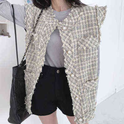 Women's Clothing Autumn Small Fragrant Pearl Buttons Tweed Vest Jacket Loose Fitting Single Breasted Vest 211106