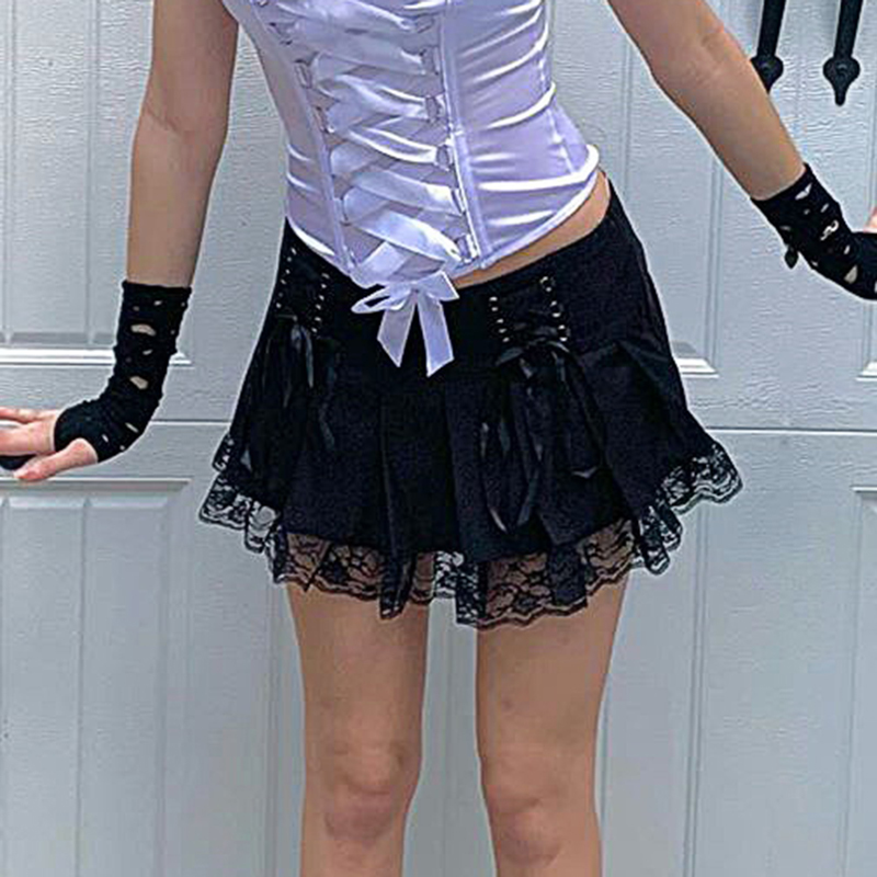 Rockmore High Waist Pleated Skirts For Women Criss Cross Bandage Short Black Skirt Gothic Lace Sexy Y2K Aesthetic Skirts Club 210306