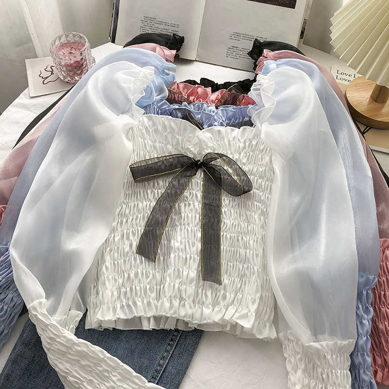 Short Women Doll Shirt Bow Tie Square Collar Puff Sleeve Blouse Top Spring Stretch Slim Crop Blusas 6F171 210603