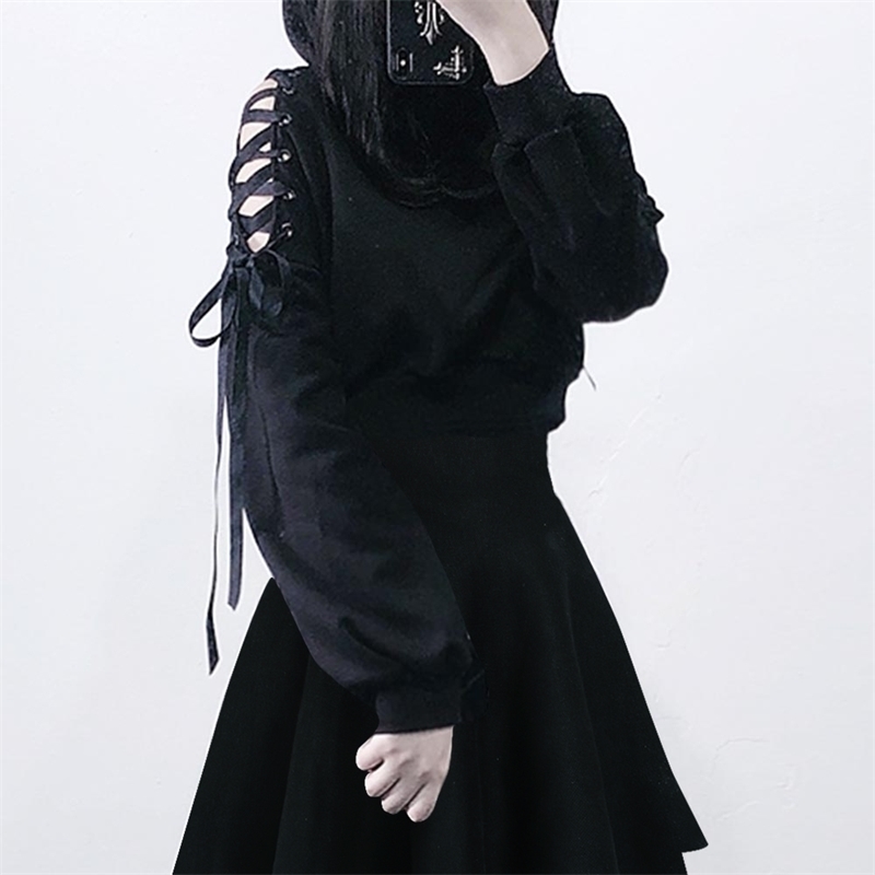 Rosetic Gothic Streetwear Black Hoodie Women Cat Ear Hooded Sweatshirt Goth Cool Hollow Ripped Hoodies Short Tops Spring 201030