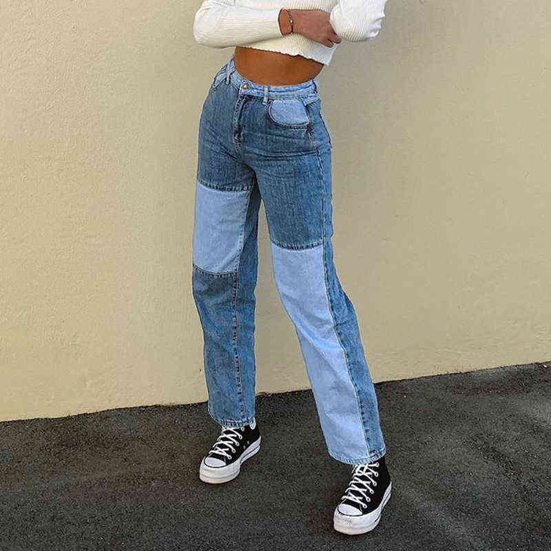 Fashion Patchwork Skinny Straight Jeans Women High Waist Pocket Sexy Color Block High Street Long Grey Denim Pants 211112