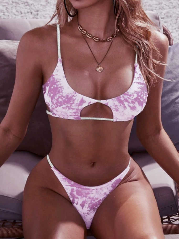 Sexy Swimwear Tie Braided Ribbed Cutout Bikini Set Swimsuit Padded Low Waist Women Beach Summer Dye Bathing Suit 210702