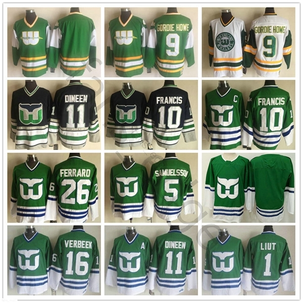 Hartford Whalers 9 Gordie Howe 10 Ron Francis 26 Ray Ferraro 5 Ulf Samuelsson 16 Pat Verbeek 11 Kevin Dineen Dave Tippett 1 Mike Liut Jersey, Black;red
Hartford Whalers 9 Gordie Howe 10 Ron Francis 26 Ray Ferraro 5 Ulf Samuelsson 16 Pat Verbeek 11 Kevin Dineen Dave Tippett 1 Mike Liut Jersey, Black;red