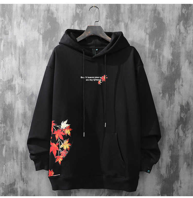 Autumn and winter hooded male trend Chinese style national maple leaf printing hoodies loose wild Harajuku couple hoodie 210813