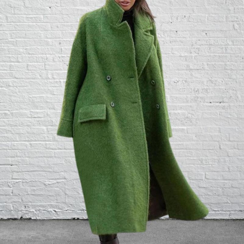 Women's Green Wool Blend Long Winter Coat Double Breasted Lapel Flap Pockets Warm Outerwear B4 - view 4
